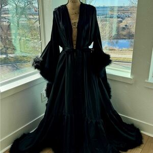 Black Luxe Satin Robe with Feather Trim